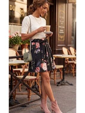 Haute Monde Black Floral Tie-Waist Skater Skirt